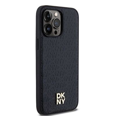 4. DKNY MagSafe-Hülle aus Leder mit Monogrammmuster und Metalllogo für iPhone 14 Pro Max – Schwarz