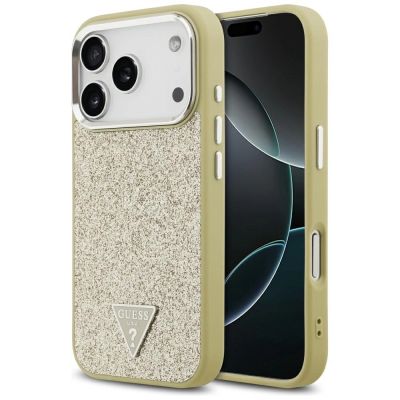 Guess Glitzer-Dreieck-Logo MagSafe Hülle für iPhone 17 Pro - Gold