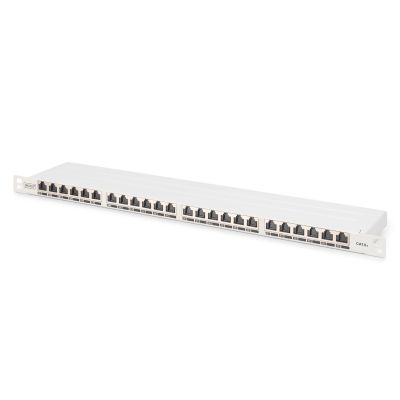 9. Hochdichtes Patchpanel 19 Zoll, 24x RJ45, LSA-Level, Cat. 6A, geschirmt, 0,5 HE, grau, Kabelführung