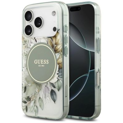 Guess IML Flower & Tonal Circle MagSafe Hülle für iPhone 18 Pro / 17 Pro – grün