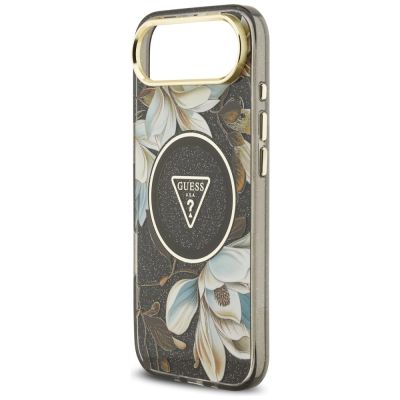 6. Guess IML Glitter Flowers Triangle MagSafe Hülle für iPhone Air - Schwarz
