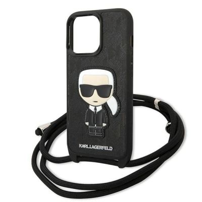 5. Karl Lagerfeld Iconik Case aus Leder mit Monogramm-Patch und Kordel für iPhone 13 Pro / 13 - Schwarz
