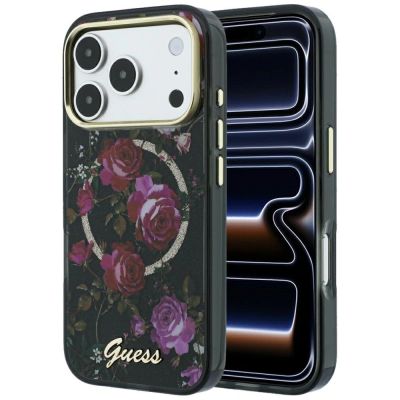Guess IML Glitter Blossom Roses MagSafe Hülle für iPhone 18 Pro Max / 17 Pro Max – schwarz