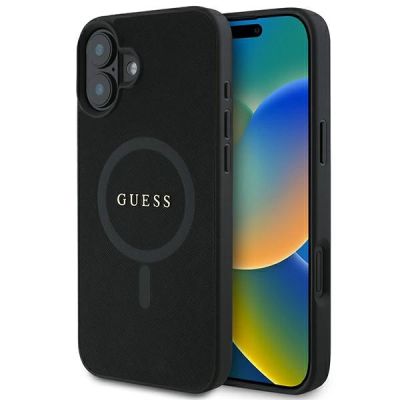 Guess Saffiano Classic Logo MagSafe-Hülle für iPhone 16 Plus – Schwarz