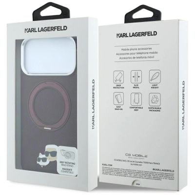 8. Karl Lagerfeld mit Ring Stand 360 Karl & Choupette Köpfe Pin MagSafe Hülle für iPhone 18 Pro / 17 Pro - bordeauxrot