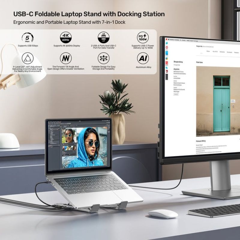 10. UNITEK Verstellbarer Laptopständer + Hub mit USB-C/A, HDMI 2.0, PD 100W