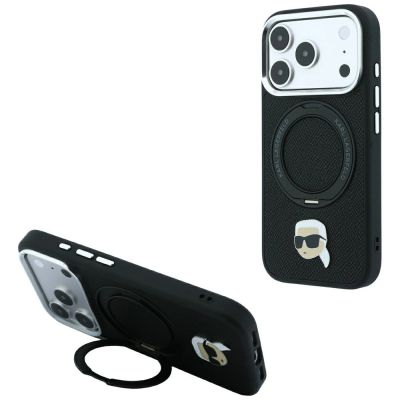 Karl Lagerfeld Hülle mit Ringständer, 360°-Kopf-Pin und MagSafe-Funktion für iPhone 18 Pro / 17 Pro – Schwarz