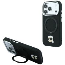 Karl Lagerfeld Hülle mit Ringständer, 360°-Kopf-Pin und MagSafe-Funktion für iPhone 18 Pro / 17 Pro – Schwarz