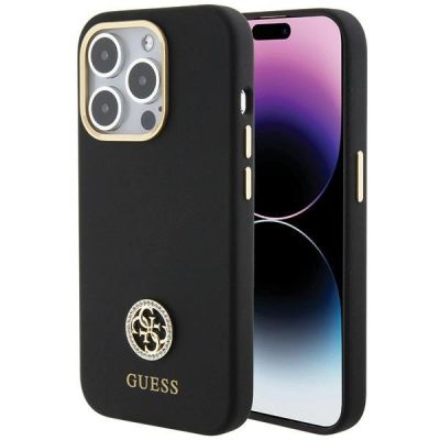 Guess Silicone Logo Strass 4G Case für iPhone 15 Pro Max - Schwarz