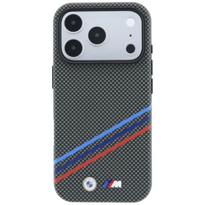 3. BMW M Quadrille Kevlar-Print, dreifarbige Linien & Metalllogo, MagSafe-Hülle für iPhone 18 Pro / 17 Pro – Dunkelgrau