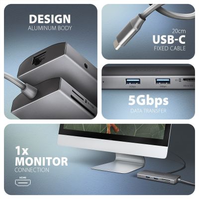 4. AXAGON HMC-8HLSA Multiport-Hub USB-C 3.2 Gen 1, 3x USB-A + 4K/60Hz HDMI + SD/microSD, Gigabit-LAN, Audio, PD 100W - Silber