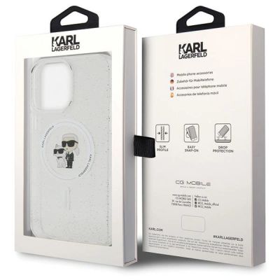 8. Karl Lagerfeld Karl&Choupette Glitter MagSafe Hülle für iPhone 15 Pro Max – transparent