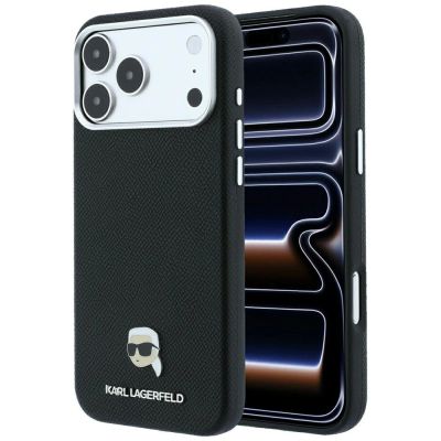 Karl Lagerfeld MagSafe-Schutzhülle mit genarbtem Karl-Kopf-Motiv für iPhone 18 Pro / 17 Pro – Schwarz