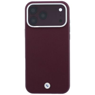 3. BMW -Logo-Schutzhülle aus gestepptem Metall mit geprägtem Metall-Logo für iPhone 18 Pro / 17 Pro – Burgunderrot