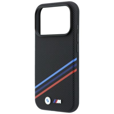 6. BMW M Quadrille Kevlar-Print, dreifarbige Linien & Metalllogo, MagSafe-Hülle für iPhone 18 Pro Max / 17 Pro Max – Schwarz