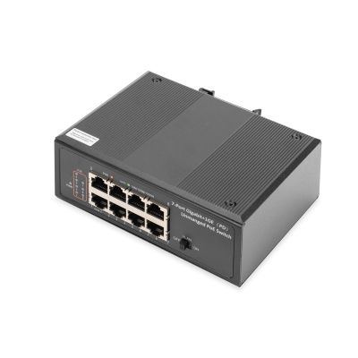 Industrieller Switch mit 7 Ports, Gigabit PoE+, 1x PD, IEEE802.3af/at, DIN-Schienenmontage und erweitertem Temperaturbereich.