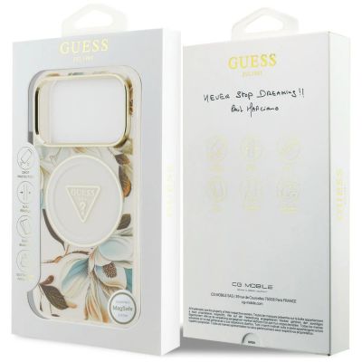 8. Guess IML Glitter Flowers Triangle MagSafe Hülle für iPhone 18 Pro Max / 17 Pro Max – weiß