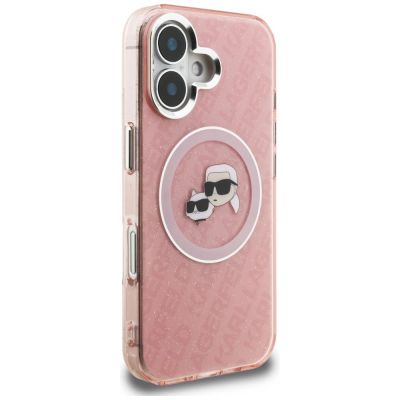 4. Karl Lagerfeld IML Glitter Karl & Choupette Heads Logo MagSafe iPhone 16 Hülle - Pink
