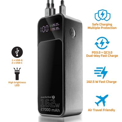11. EVERACTIVE POWERBANK 27.000 mAh, 1x USB, 2x USB-C, 162,5 W, QC4+, INTEGRIERTE TASCHENLAMPE, LCD-DISPLAY, SCHWARZ EB-27Q