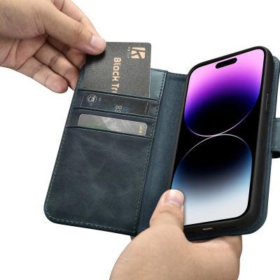 13. iCarer Oil Wax Wallet Case 2in1 Cover iPhone 14 Pro Max Leder Flip Cover Anti-RFID blau (WMI14220724-BU)