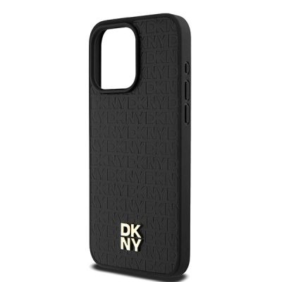 6. DKNY MagSafe-Hülle aus Leder mit Monogrammmuster und Metalllogo für iPhone 15 Pro Max – Schwarz