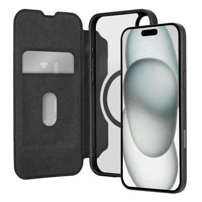3. Puro Book Mag MagSafe Lederhülle mit Flip und Kartensteckplatz für iPhone 16 – Schwarz