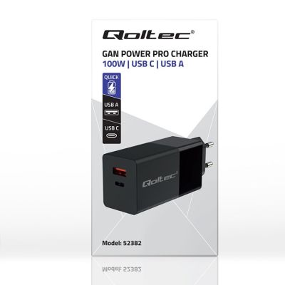 3. QOLTEC GAN POWER PRO LADEGERÄT | 1x USB-C | 1x USB | 100 W | 5–20 V | 1,5–5 A | PD | SCHWARZ