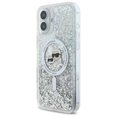 2. Karl Lagerfeld Liquid Glitter Karl & Choupette Head Magsafe Hülle für iPhone 16 Plus – transparent