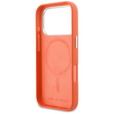7. Karl Lagerfeld Karl & Choupette Head Pins Saffiano MagSafe Hülle für iPhone 17 Pro - Orange