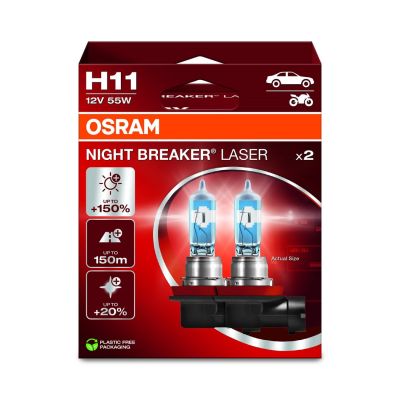Lampe (2er-Set) H11 12V 55W PGJ 19-2, bis zu 150 m Leuchtweite, bis zu 150 % höhere Helligkeit, bis zu 20 % weißeres Licht, Night Breaker Laser, weiß