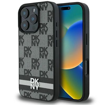 DKNY Schutzhülle mit Karomuster und bedruckten Streifen für iPhone 16 Pro Max, Schwarz