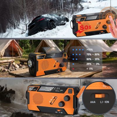 37. Extralink Solar-Notfallradio mit Kurbeldynamo-Powerbank (4000 mAh) und SOS-Taschenlampe SR-4000, tragbar, analog, Schwarz/Orange