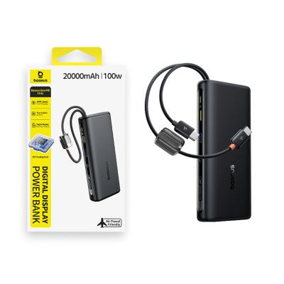 7. Baseus EnerFill FC41 20000mAh 100W Powerbank mit Digitalanzeige und integriertem Dual-USB-C-Kabel – Schwarz