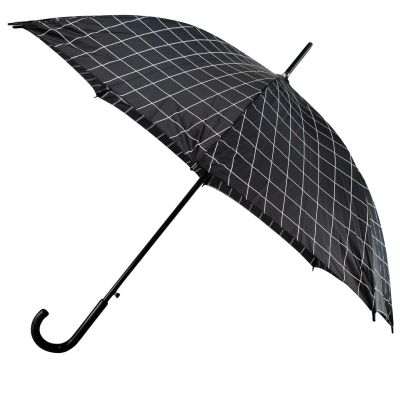 2. LANGER HALBAUTOMATISCHER REGENSCHIRM MIT GEBOGENEM GRIFF, SCHWARZ MIT WEISSEM KAROMUSTER SEMI LINE