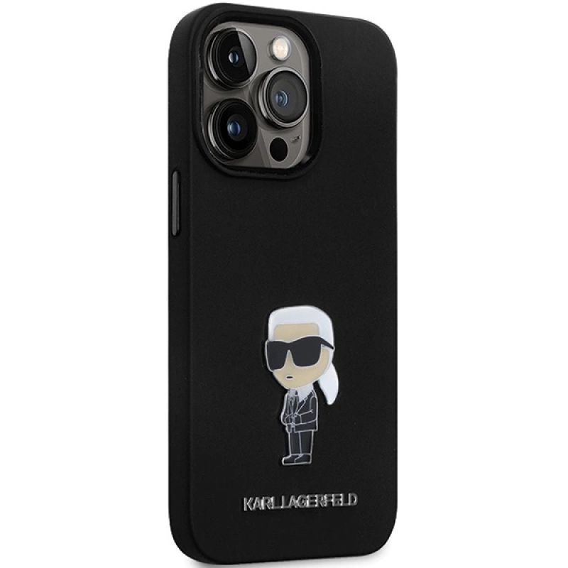 4. Karl Lagerfeld KLHCP14LSMHKNPK Hülle für iPhone 14 Pro – schwarz Silikon Ikonik Metall Pin