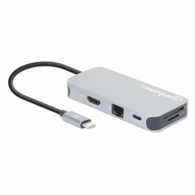 2. MANHATTAN 8-in-1 USB-C Dockingstation mit USB 3.2 Gen 1 Power Delivery, Typ-C Stecker auf HDMI Buchse, drei USB-A Anschlüssen, Gigabit RJ45 Anschluss, USB-C Power Delivery Anschluss, SD/MicroSD Kartenleser, Aluminium, Space Grau (13061)