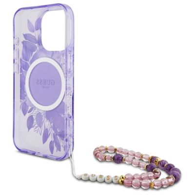 6. Guess IML Flowers MagSafe Hülle mit Perlenriemen für iPhone 16 Pro Max – Lila