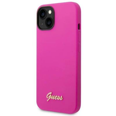 2. Guess Silikonhülle mit Vintage-Goldlogo für iPhone 14 / 15 Plus – Fuchsia