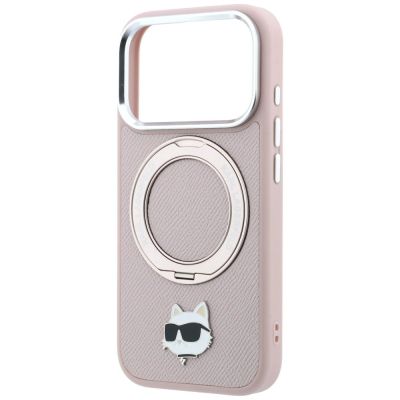 6. Karl Lagerfeld with Ring Stand 360 Choupette Head Pin MagSafe Hülle für iPhone 18 Pro Max / 17 Pro Max – Rosa