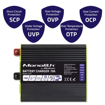 4. Qoltec Monolith 51917 Intelligentes Profi-Ladegerät für LiFePO4-, AGM-, GEL- und SLA-Batterien | 70 A | 12 V | Schnellladung