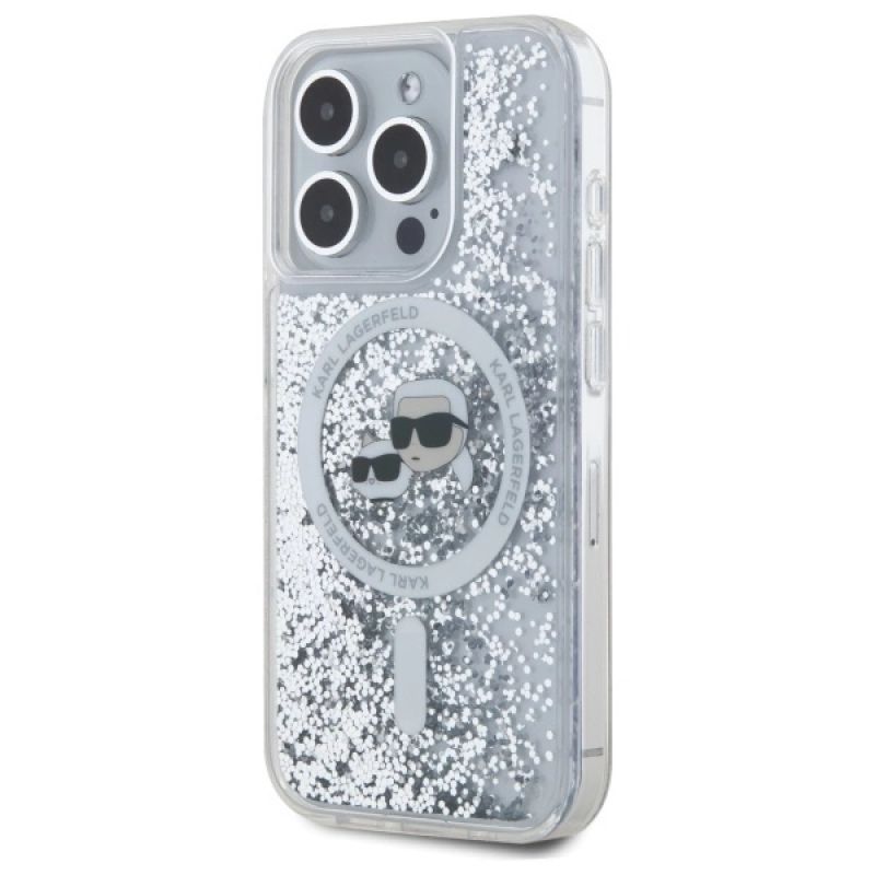 2. Karl Lagerfeld Liquid Glitter Karl & Choupette Head Magsafe Hülle für iPhone 15 Pro Max – transparent