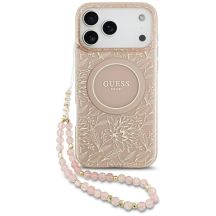 Guess IML Flowers Electro Pearl Strap MagSafe Case für iPhone 17 Pro Max - Rosa