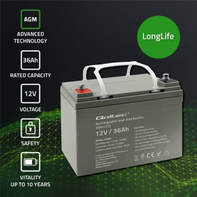 2. Qoltec AGM-Batterie | 12 V | 36 Ah | Wartungsfrei | Effizient | Langlebig | Für USV, Roller