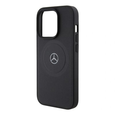 6. Mercedes-Benz MagSafe-Lederhülle mit gekreuzten Linien für iPhone 15 Pro – Schwarz