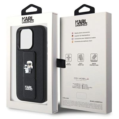 8. Karl Lagerfeld Gripstand Saffiano Karl&Choupette Pins Hülle für iPhone 13 Pro / 13 – Schwarz
