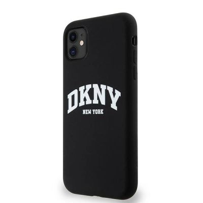 7. DKNY Liquid Silicone MagSafe Hülle für iPhone 11/Xr, Weiß, mit aufgedrucktem Logo, Schwarz