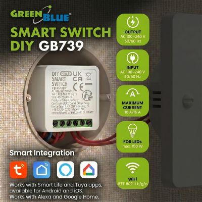 3. GREENBLUE WLAN-Einbaurelais, kompatibel mit Android/iOS/Alexa/Google Home, 100–240 V Wechselstrom, 50/60 Hz, max. 16 A, für 150-W-LED-Lampen GB739