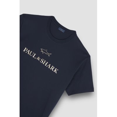 4. Paul&Shark Herren-T-Shirt aus Baumwolle, Marineblau und Gold, 99311007-50E – Klassischer Schnitt, Logo