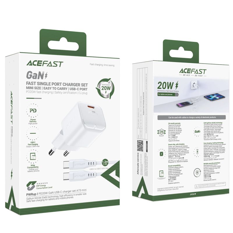 7. Acefast A73 Mini PD 20W GaN-Wandladegerät + USB-C-Kabel – Weiß