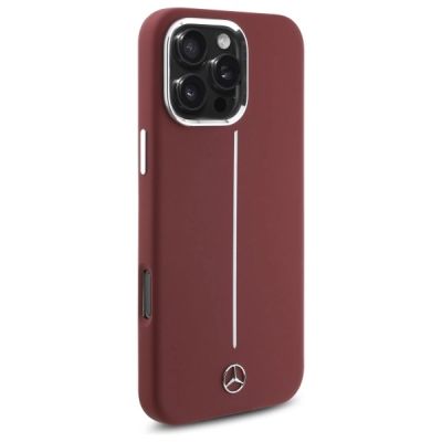 4. Mercedes Silikonhülle mit weißem Streifen und MagSafe-Funktion für iPhone 16 Pro Max – Rot